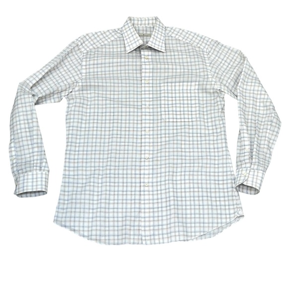 ERMENEGILDO ZEGNA WHITE W BLUE & BROWN GRID PATTERN CHECKED COTTON DRESS SHIRT - Picture 3 of 11
